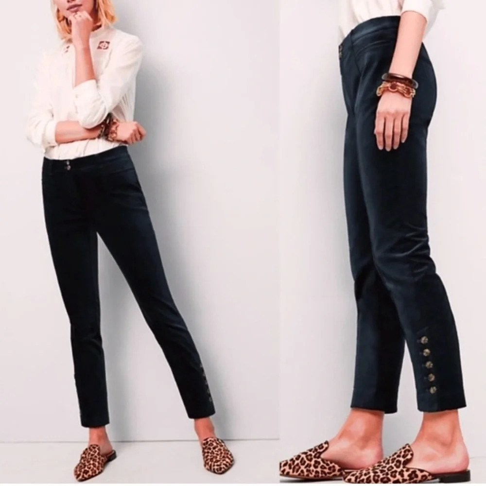Anthropologie the Essential Slim. Black Velvet Trousers. Button Ankles Cropped 2
